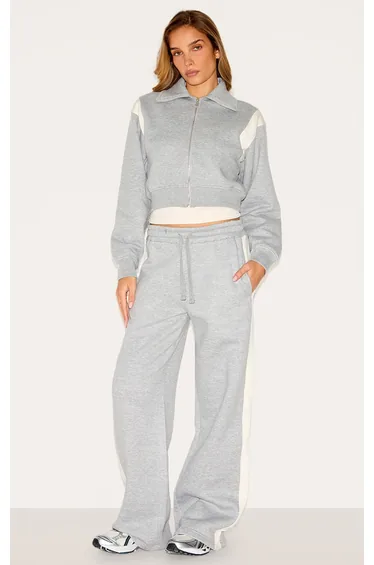 Ash Grey Contrast Panel Detail Wide Leg Joggers