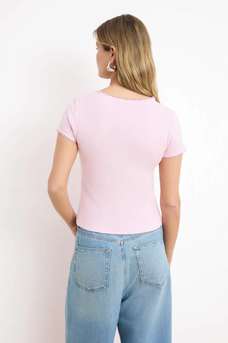 Pink Buttoned Fitted Crew Neck Short Sleeve Corded Fabric Stretchy Knitted Blouse - 3