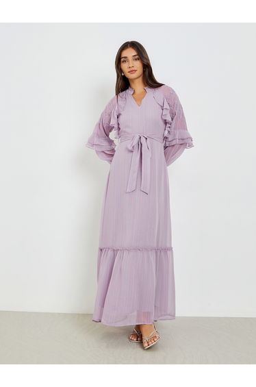 Lilac Embroidered Maxi Dress with Ruffle Detail