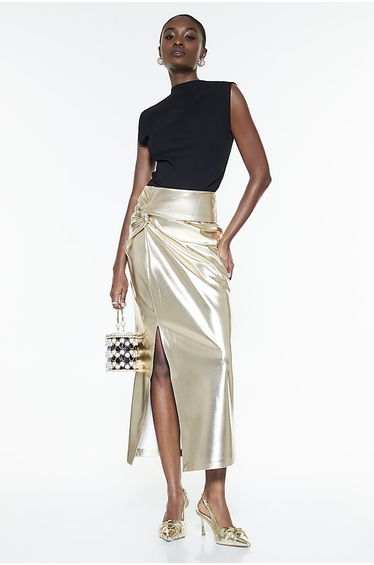 Gold Faux Leather Twist Side Midi Skirt