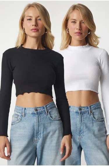 Women's White Black Corduroy 2-Pack Sweater Crop Top