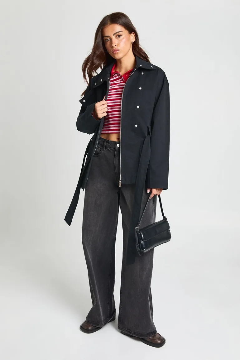 Belted Short Trench Coat - black