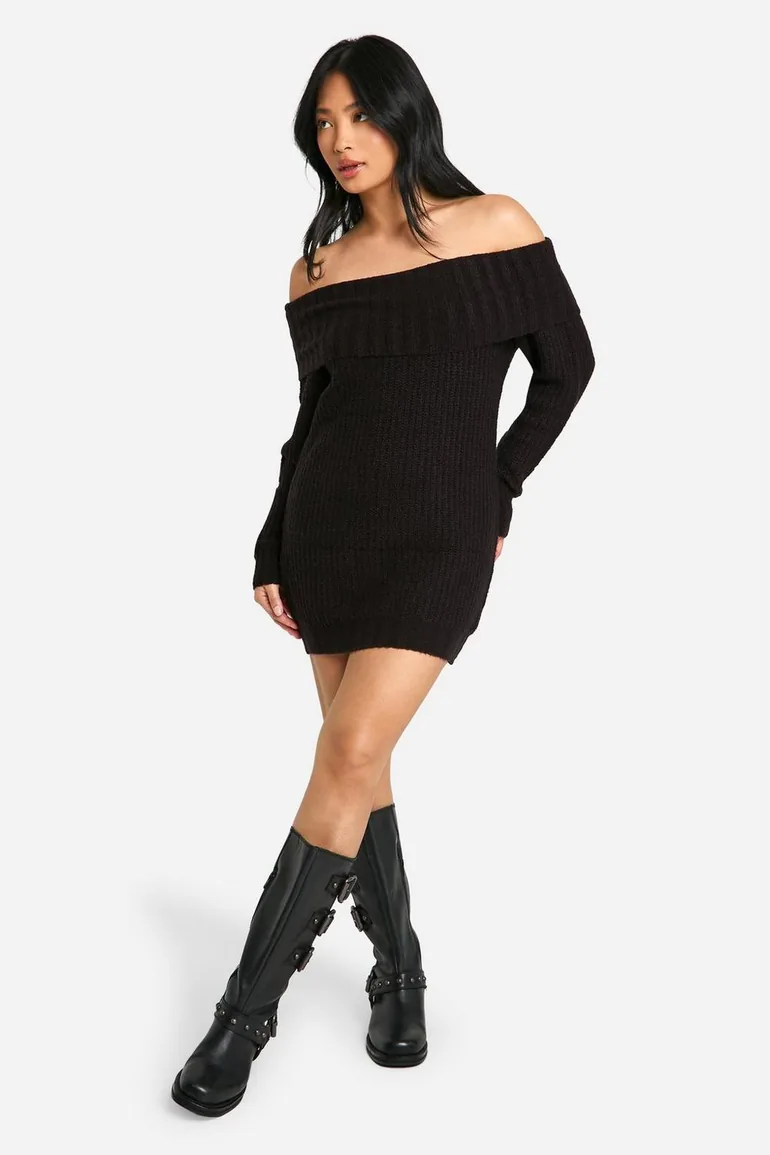 Petite Wide Rib Bardot  Neckline Mini Jumper Dress - black