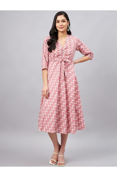 Women Pink Zigzag Print Front Knot Midi Dress