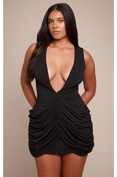 Shape Black Slinky Draped Skirt Plunge Mini Dress