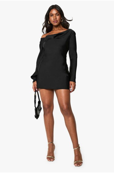 Satin Draped Flared Sleeve Mini Dress - black