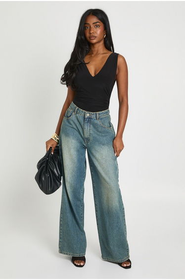 V Neck Ruched Side Bodysuit - black