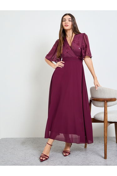 Maroon Embellished Short Sleeves A-Line Maxi Dress