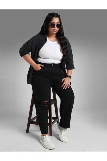 Plus Ripped High Rise Jeans with Pockets