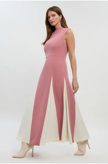 Petite Compact Stretch Tailored Colour Block Full Skirted Midi Dress