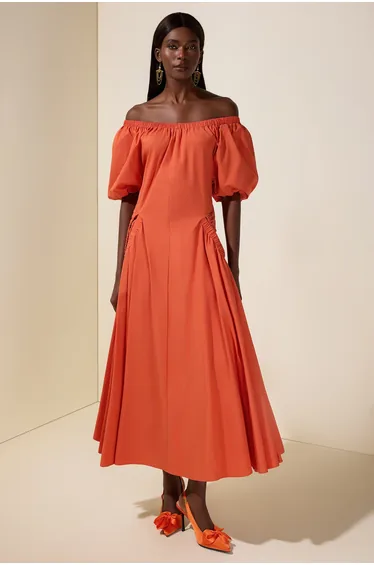 Gathering Pocket Off Shoulder Midi Dress