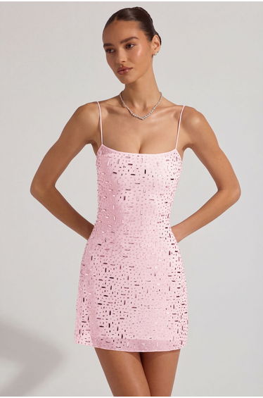 Sheer Embellished Square-Neck Mini Dress in Pink