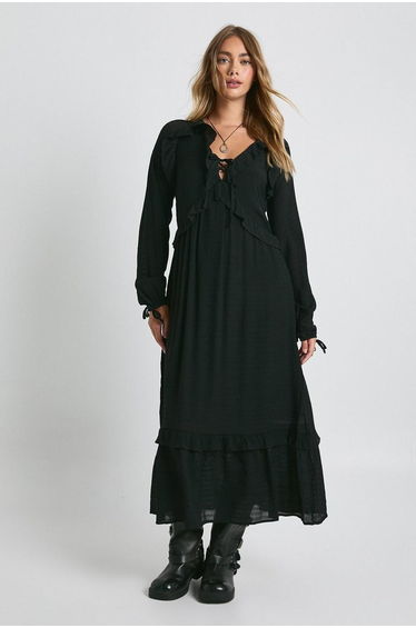 Long Sleeve Dress With Frill Detail - black