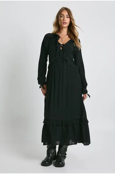 Long Sleeve Dress With Frill Detail - black