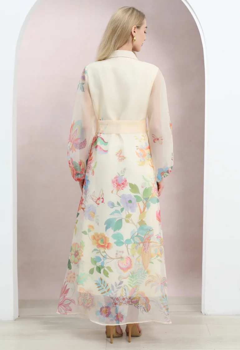 Floral-Kissed Button-Down Organza Maxi Dress with Brooch in Cream for Romantic Retreats & Sunset Dinners - 4