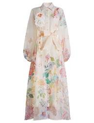 Floral-Kissed Button-Down Organza Maxi Dress with Brooch in Cream for Romantic Retreats & Sunset Dinners - 5