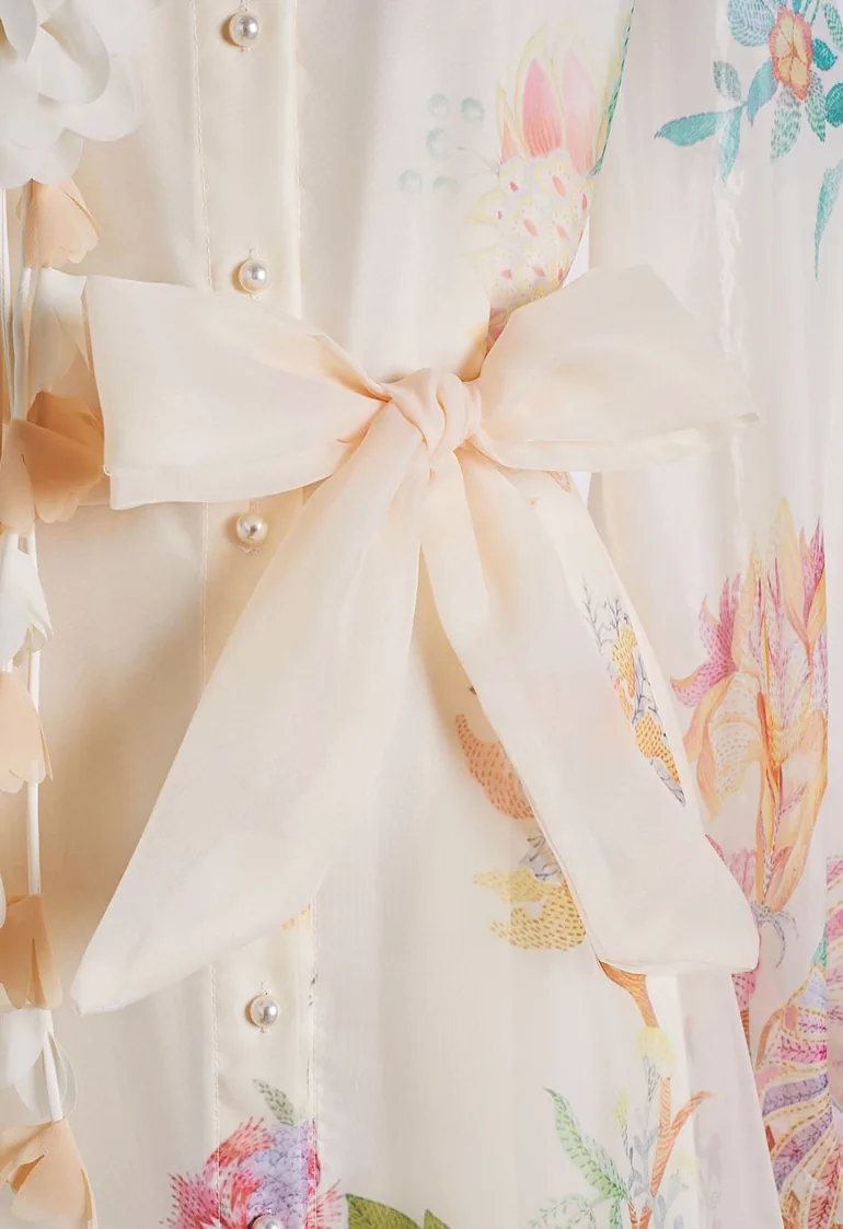 Floral-Kissed Button-Down Organza Maxi Dress with Brooch in Cream for Romantic Retreats & Sunset Dinners - 9