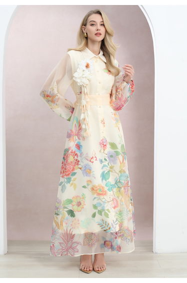 Floral-Kissed Button-Down Organza Maxi Dress with Brooch in Cream for Romantic Retreats & Sunset Dinners