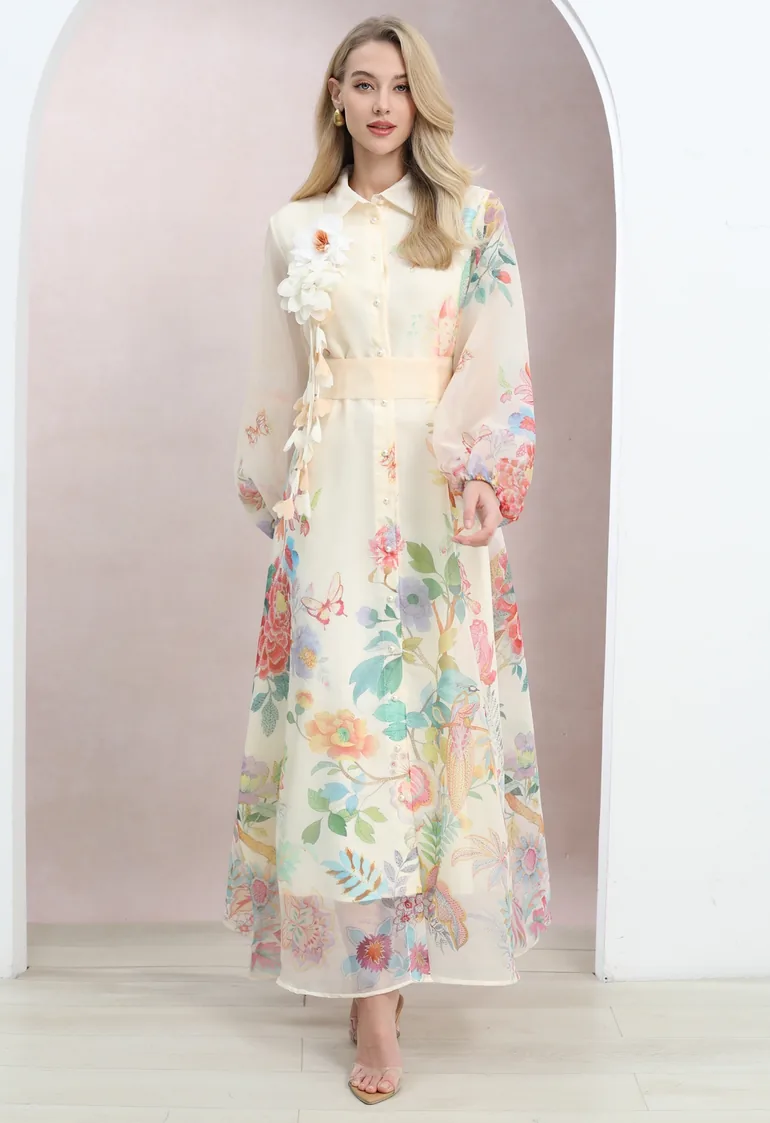 Floral-Kissed Button-Down Organza Maxi Dress with Brooch in Cream for Romantic Retreats & Sunset Dinners - 2