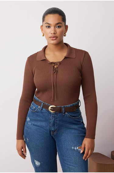 Brown Polo Collar Ribbed Thin Knit Blouse