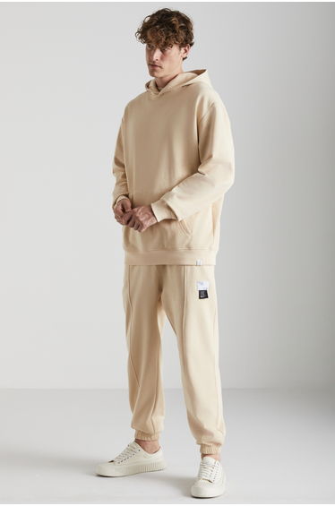 GRIMELANGE Cartmel Men's Organic Fabric Lined with Fleece Soft Kangaroo Pocket Hooded Beige Sweatshirt