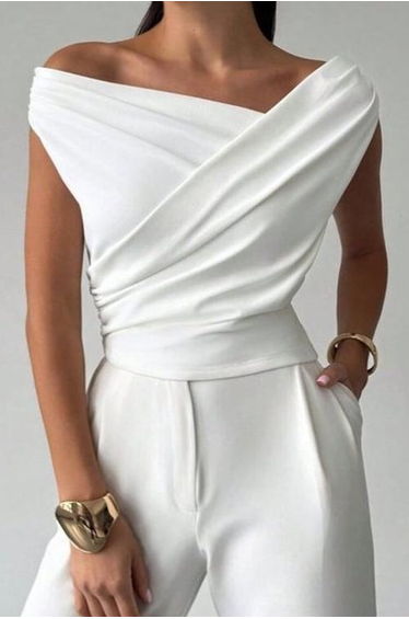 Short Sleeves Skinny Asymmetric Pleated Solid Color Split-Joint Asymmetric Neckline T-Shirts Tops