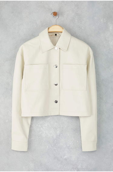 Ecru Regular Fit Faux Leather Slim Jacket Coat
