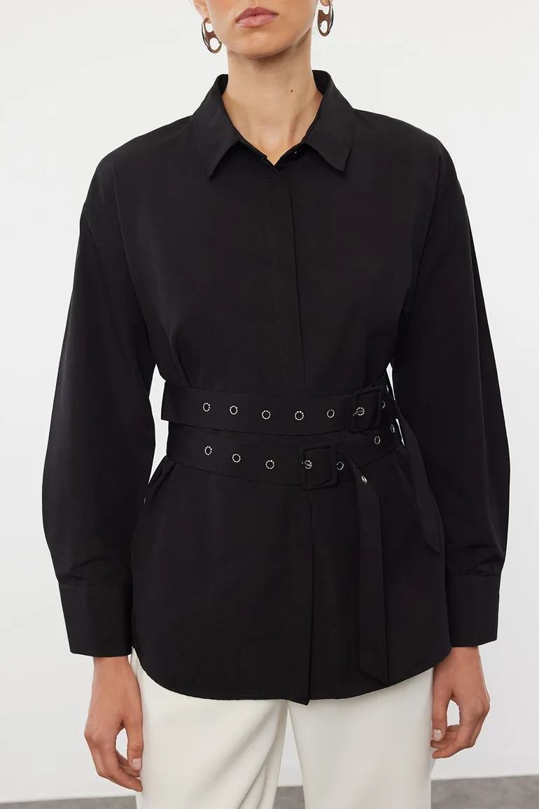 Black Ovesize Wide Fit Shirt with Belt Detail - 2