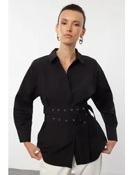Black Ovesize Wide Fit Shirt with Belt Detail