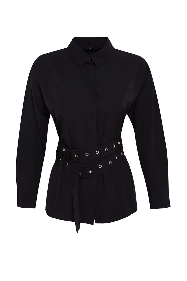 Black Ovesize Wide Fit Shirt with Belt Detail - 5