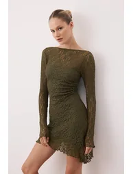 Khaki Backless Asymmetrical Detail Mini/Short Lace Stretchy Knitted Dress - 1