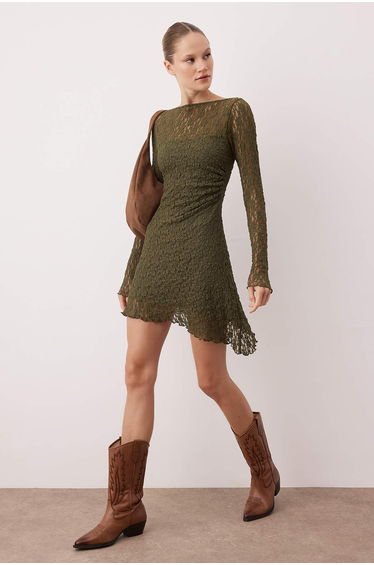 Khaki Backless Asymmetrical Detail Mini/Short Lace Stretchy Knitted Dress