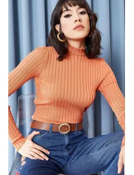 Women's Onion Skin Half Turtleneck Shiny Textured Knitwear Sweater