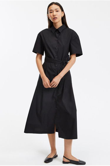 Cotton Midaxi Shirt Dress with Tie-Waist