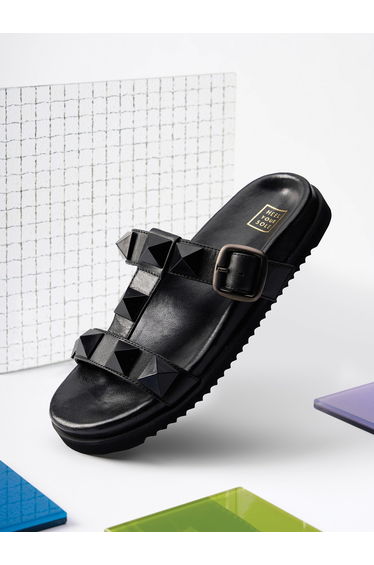 Pyramid Studded Slides with Buckle Detail
