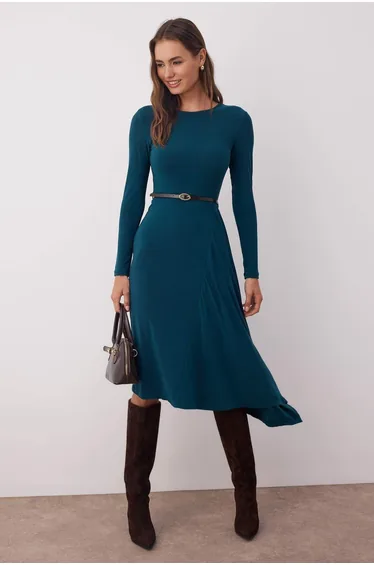 Emerald Green A-line/Belt-Dropped Belt Detailed Crew Neck Flexible Maxi Knit Dress