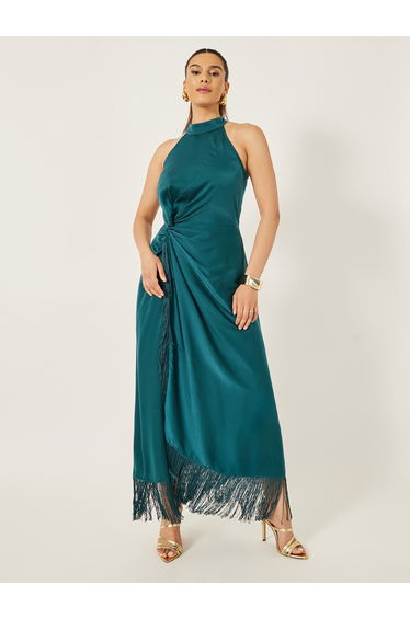 Halter Neck Wrap Style Maxi Dress with Fringe Hem