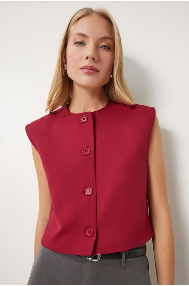 Women's Burgundy Buttoned Crop Woven Vest