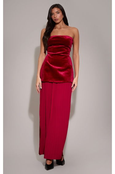 Wine Velvet Bandeau Pleated Chiffon Skirt Panel Maxi Dress
