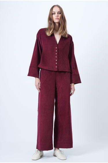 Women's Burgundy Judge Collar Gold Button Detailed Velvet Jacket and Palazzo Pants Piece Set