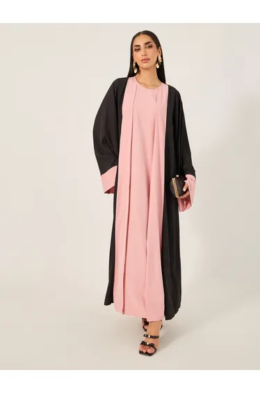 Color Block Abaya with Round Neck Inner Dress Set
