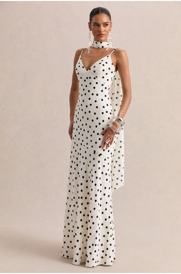 Starling | White & Black Polka Dot Satin Plunge-Neck Maxi Dress With Scarf-Detail