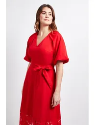 Puff Sleeve Lace Trim Midi Dress - 1
