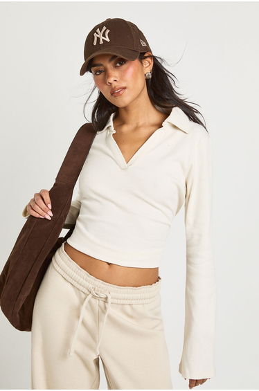 Ribbed open Collar Detail Top - cream