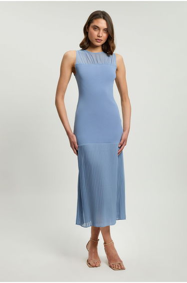 Woven Knit Mix Pleated Midi Dress