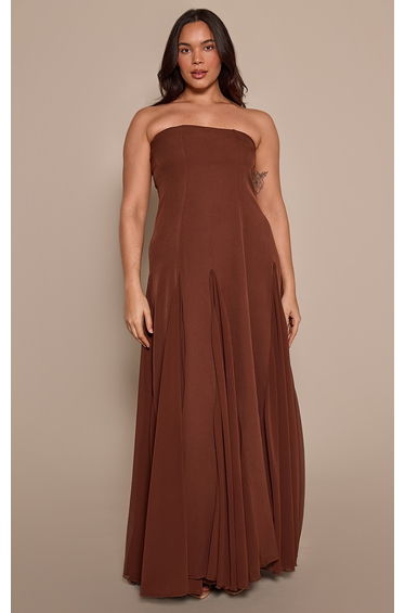 Plus Chocolate Bandeau Chiffon Pleated Maxi Dress