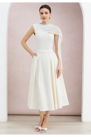 Chiffon Sash Panel One-Shoulder Sleeveless Knit Top in White