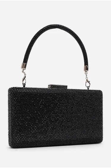 Veil Embellished Hard Case Evening Clutch Bag in Black