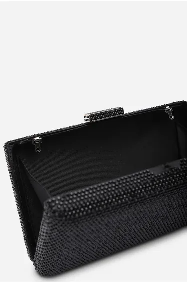 Veil Embellished Hard Case Evening Clutch Bag in Black