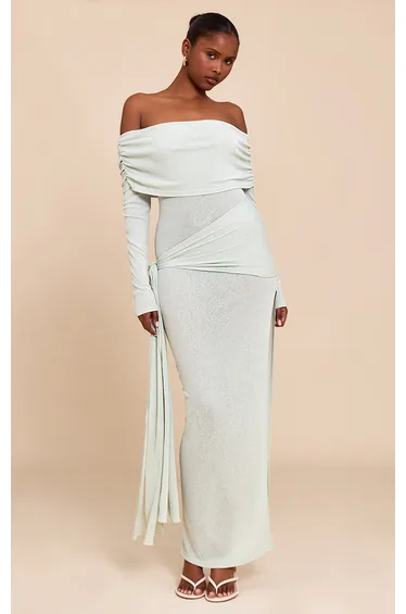 Sage Onion Skin Bardot Tie Waist Maxi Dress